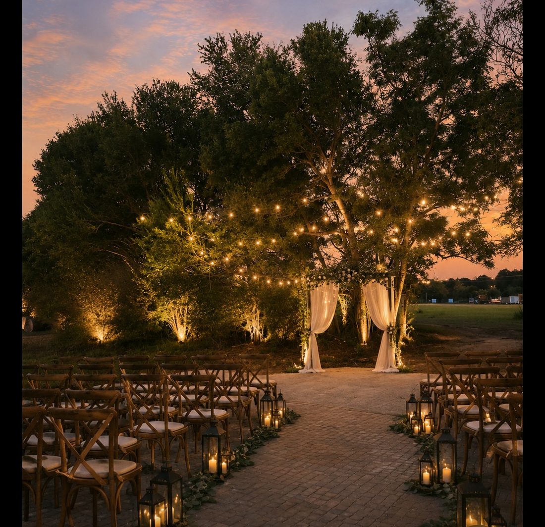 Concept rendering of a lantern-lit aisle beneath large trees at sunset