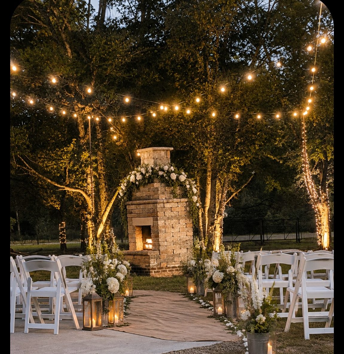 Concept rendering of an evening ceremony at a stone fireplace under string lights