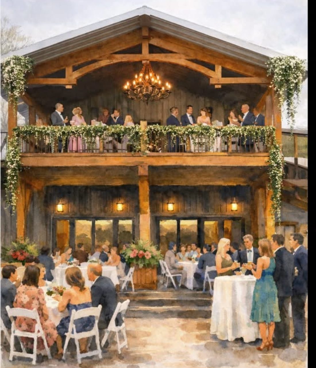 Concept rendering of a reception in the main hall with guests on the balcony